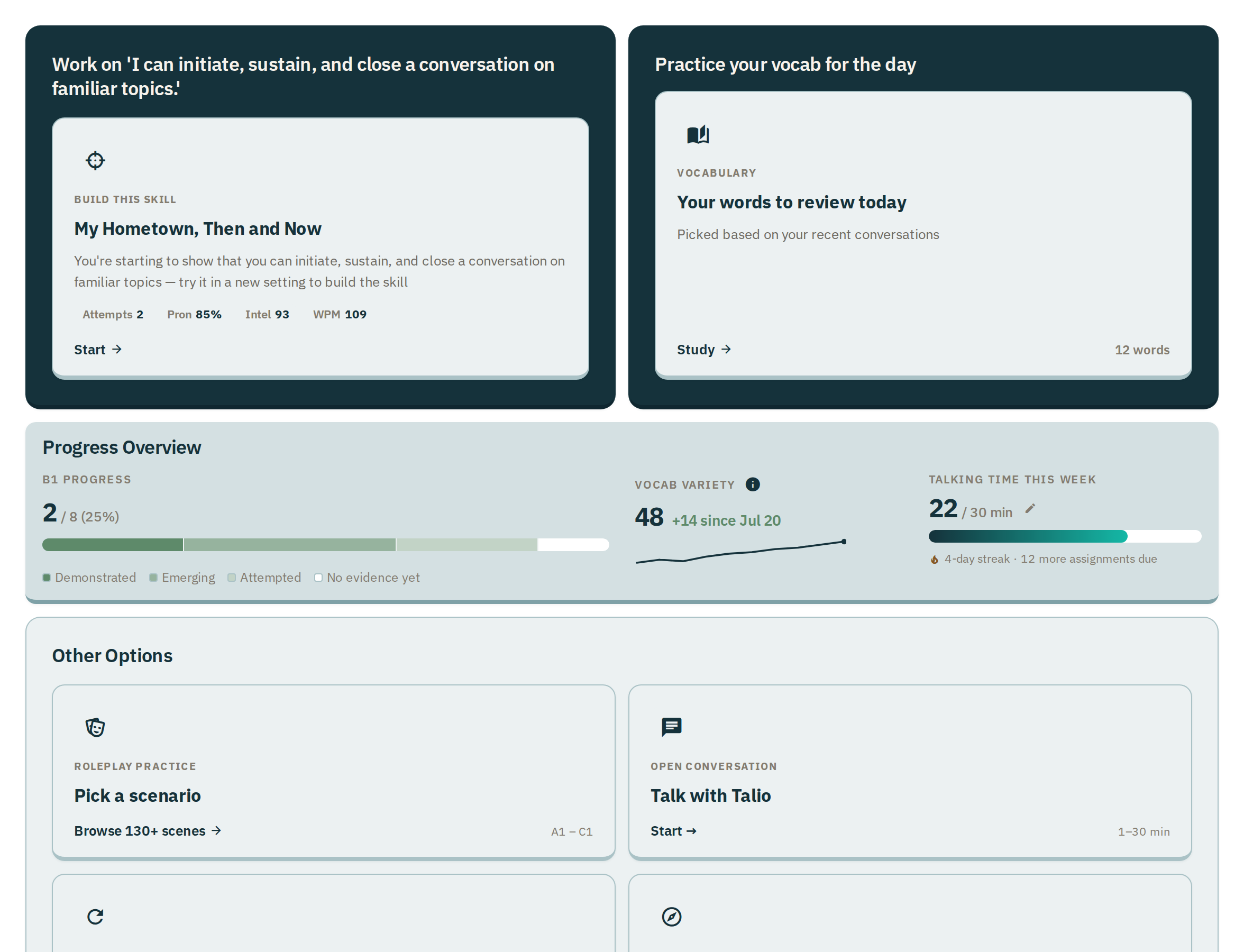 Talio Speaking Practice home: a recommended scenario for the skill to build next, the vocabulary to review today, and progress toward the learner's CEFR level