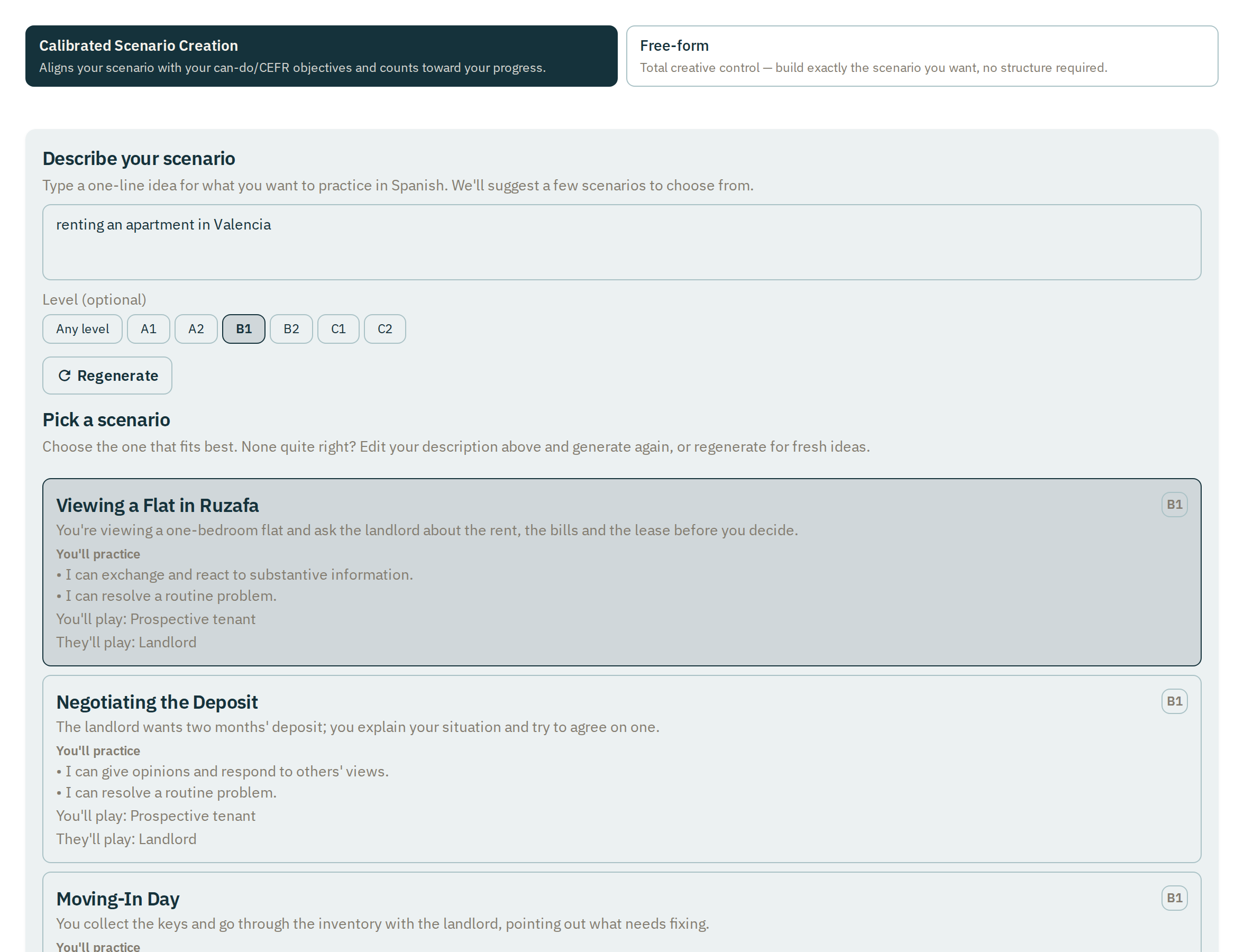 Talio Calibrated Scenario Creation: a one-line idea at level B1, with proposed scenarios showing their CEFR level, the can-do statements they practice, and the roles