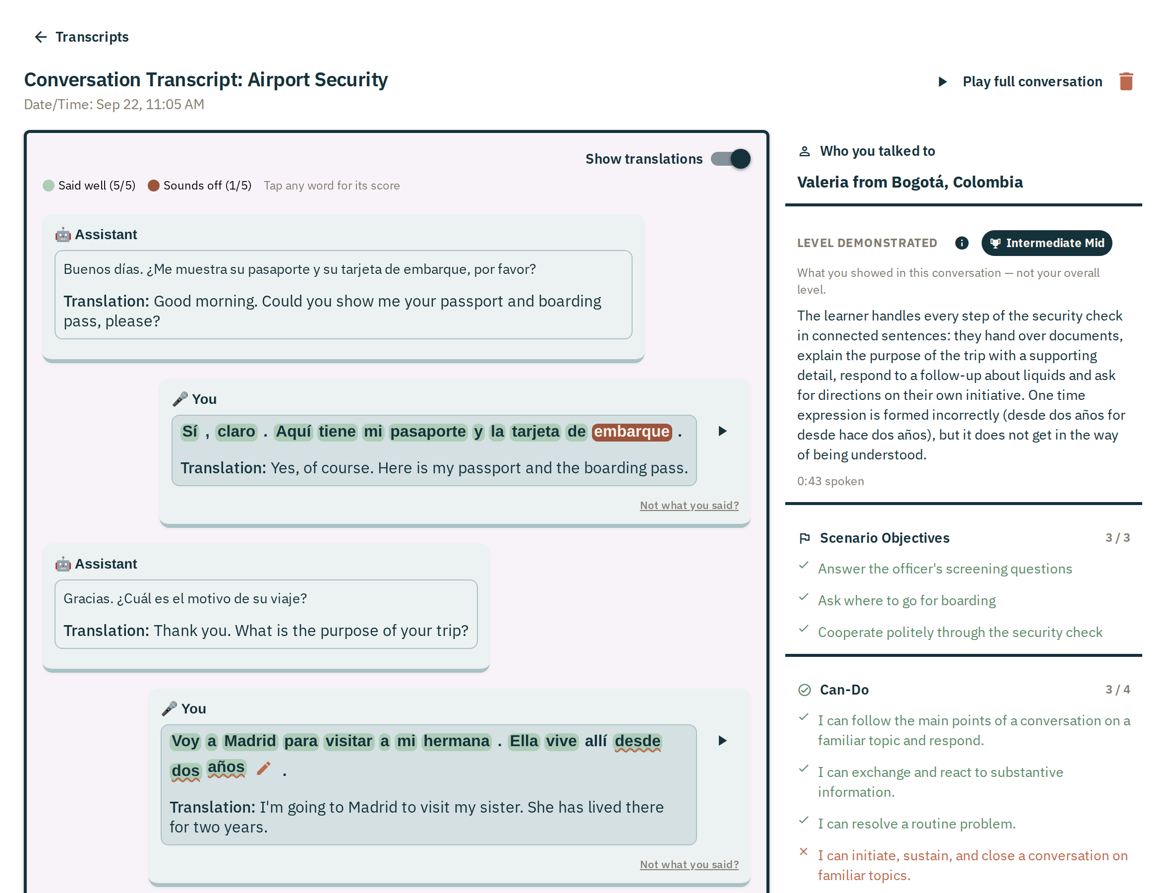 A Talio conversation transcript: each word the learner said is marked for pronunciation, with the scenario objectives and can-do statements alongside